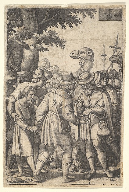 Georg Pencz, Joseph sold to the merchants: a bearded man grasping Joseph with his left hand receives coins in his right hand, from "The Story of Joseph"