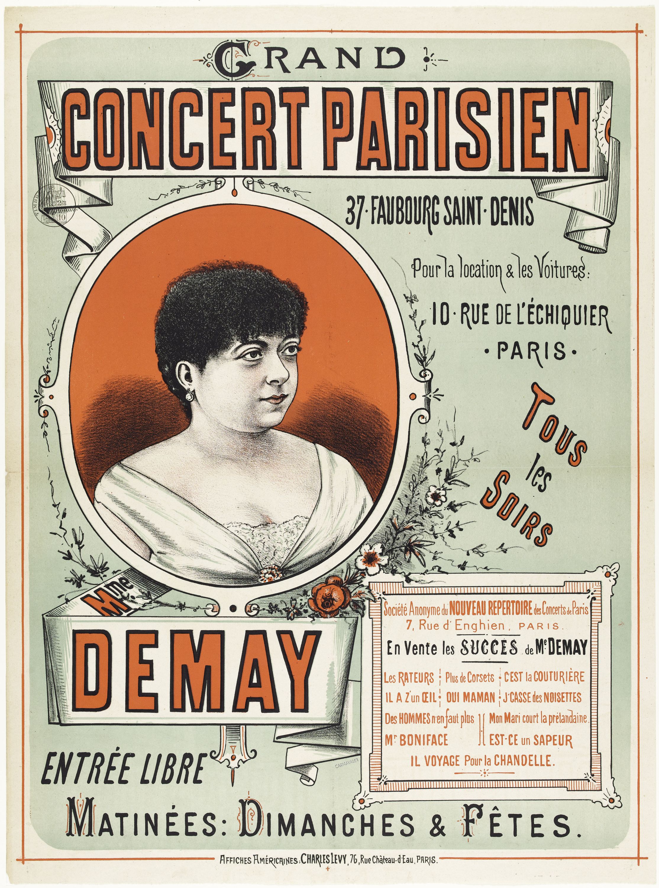 Anonyme, GRAND/ CONCERT PARISIEN/ 37. FAUBOURG SAINT.DENIS/ Pour la location & les Voitures:/ 10. RUE DE L'ECHIQUIER/ . PARIS./ TOUS LES SOIRS/ Mme/DEMAY
