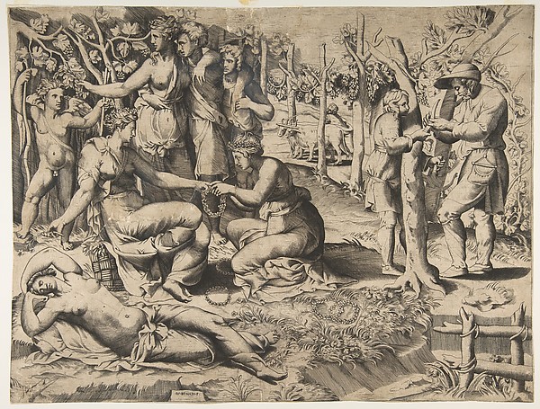 Giulio Bonasone, Flora in the centre passing a wreath to another woman, surrounded by other figures
