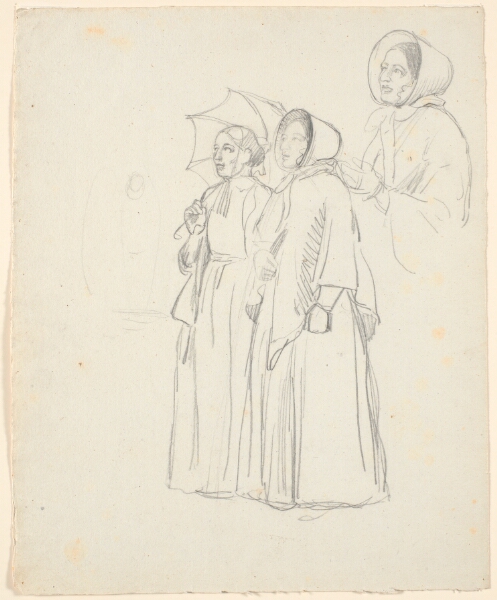 P.C. Skovgaard, To stående damer, den ene med parasol, den anden med kysehat. F.o.t.h. studie i halv figur af sidstnævnte.