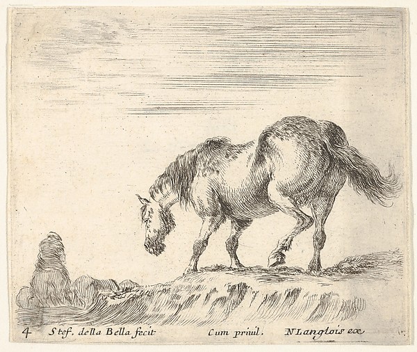 Stefano della Bella, Plate 4: a horse in profile facing the left, about to descend from a mound, a horseman to left in background, from "Diversi Capricci"