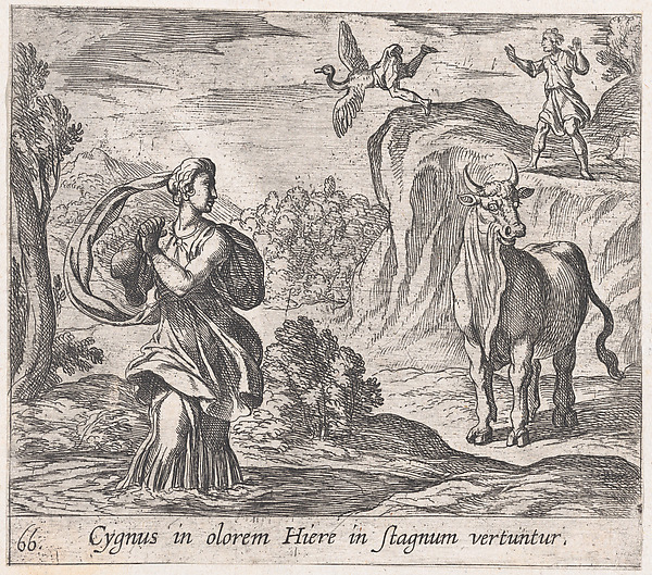 Antonio Tempesta, Plate 66: Cycnus and Hyrie (Cygnus in olorem Hiere in stagnum vertuntur), from Ovid's 'Metamorphoses'