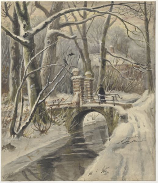 Kikkert, Jan Elias, (1843-1925), (artist), Figure walking over a bridge in wintertime