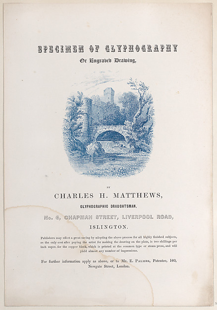 Anonymous, British, 19th century, Trade Card for Charles H. Matthews, glyphographic draughtsman