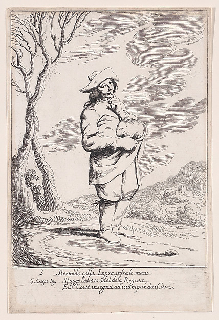 Giuseppe Maria Crespi, Plate 3: Bertoldo holding a hare in his hand, from "Bertoldo, Bertoldino, and Cacasenno"