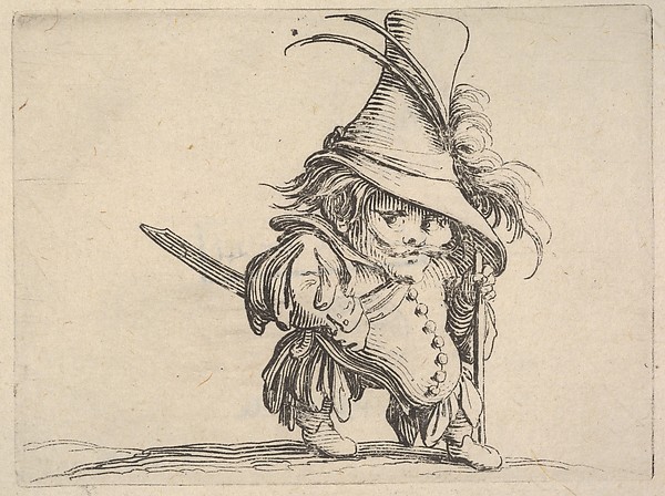 Jacques Callot, Small male figure in feathered hat with walking stick in left hand, from "Varie Figure Gobbi"