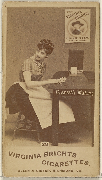 Allen & Ginter, Card 28, from the series, Cigarette Making Girls (N46) for Virginia Brights Cigarettes