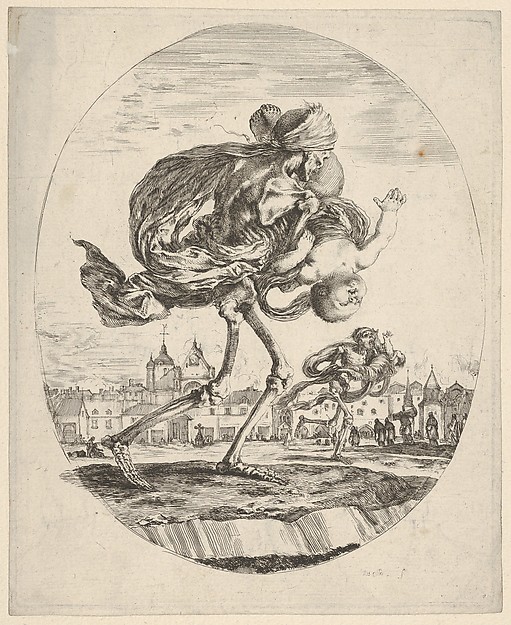 Stefano della Bella, Death walking towards the right and carrying an infant upside down, another figure of Death to right in the middleground, the mass grave of Saints-Innocents in Paris in the background, from "The Five Deaths" (Les Cinq Morts)