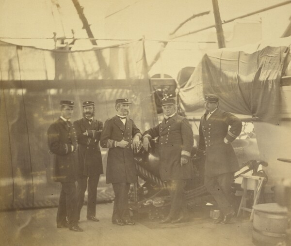 Felice Beato, [Five officers aboard a ship]