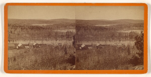 Unknown, [High angle view of a landscape showing a river with docked paddleboat, farmhouse at center, lakes in background]