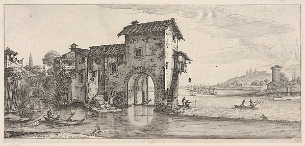 Jacques Callot, Landscape with water-mill and figures fishing in boat on the left river on the right, from "Italian landscapes" (Diverse vedute designate in Fiorenza / Paysages italiens)