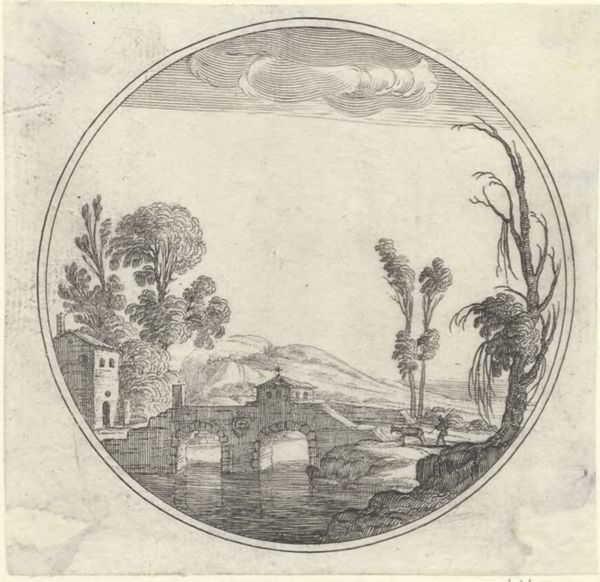 Hooch, Carel de, (1577?-1638), (printmaker), Landscapes in circles: Riverscape with a stone bridge