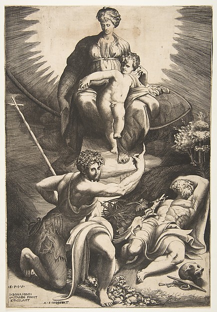 Giulio Bonasone, The vision of Saint Jerome who is asleep in the bottom right, the Virgin and Child appear above being pointed to by Saint John the Baptist