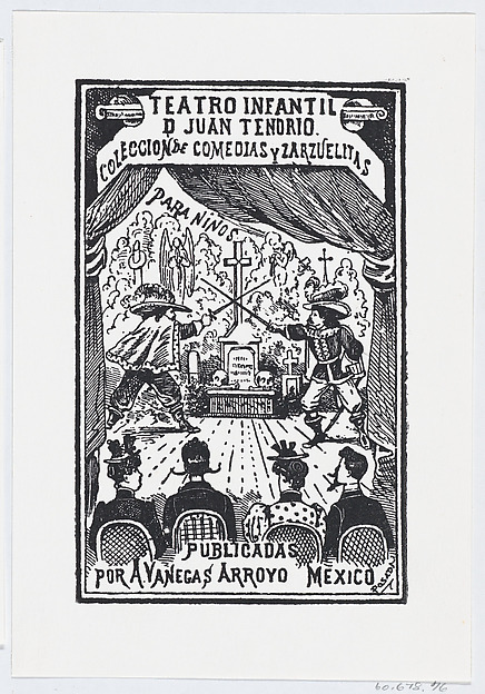 José Guadalupe Posada, Two men dueling on a stage in front of an audience, illustration for 'Teatro Infantil de Juan Tendrio'