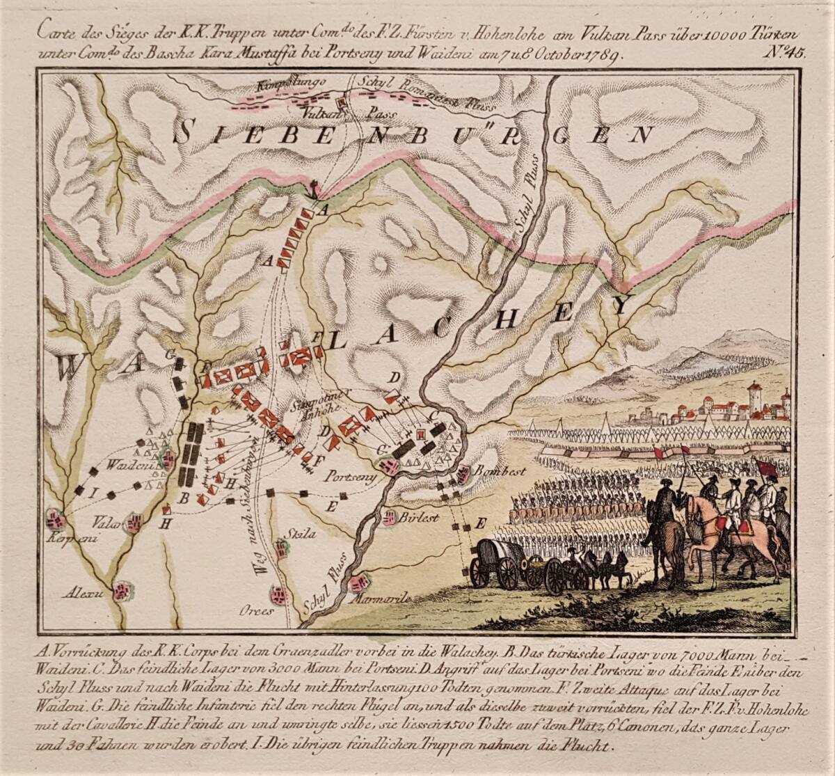 Anonym, Karte der Gefechte bei Porcseny (Petrosani) und Vaidei am Vulkan-Pass zwischen kaiserlichen und osmanischen Truppen am 7./8. Oktober 1789