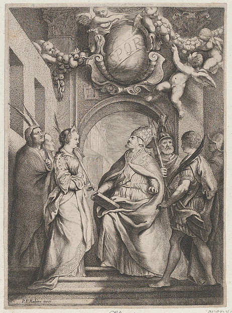 Anonymous, Saint Gregory surrounded by other saints, in front of an archway with putti holding garlands overhead