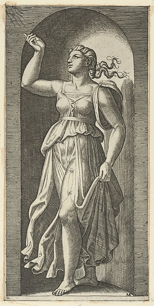 Marcantonio Raimondi, Faith personified by a woman standing in a niche, pointing to rays in the upper left, from "The Virtues"