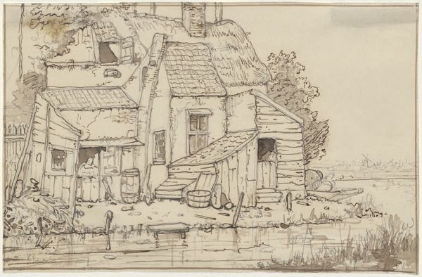 Cornet, Jacobus Ludovicus, (1815-1882), (artist), Houses on the riverbanks