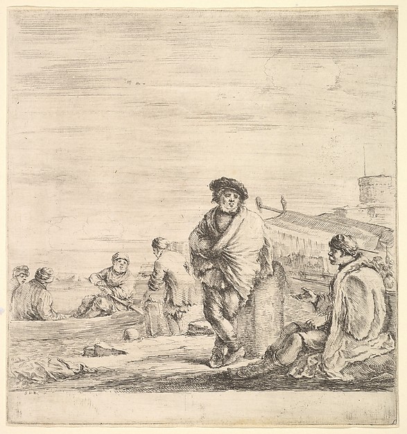 Stefano della Bella, Standing sailor in center talking to a seated Levantine man to left, seen in profile, other sailors with a boat to left in the background