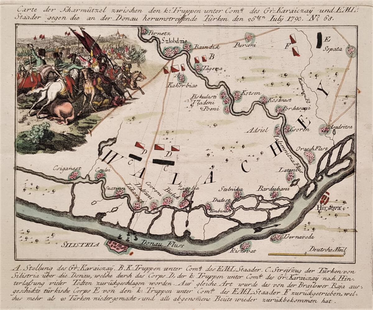 Anonym, Karte der Gefechte im Raum Silistra und Slobozia zwischen kaiserlichen und osmanischen Truppen am 26. Juli 1790
