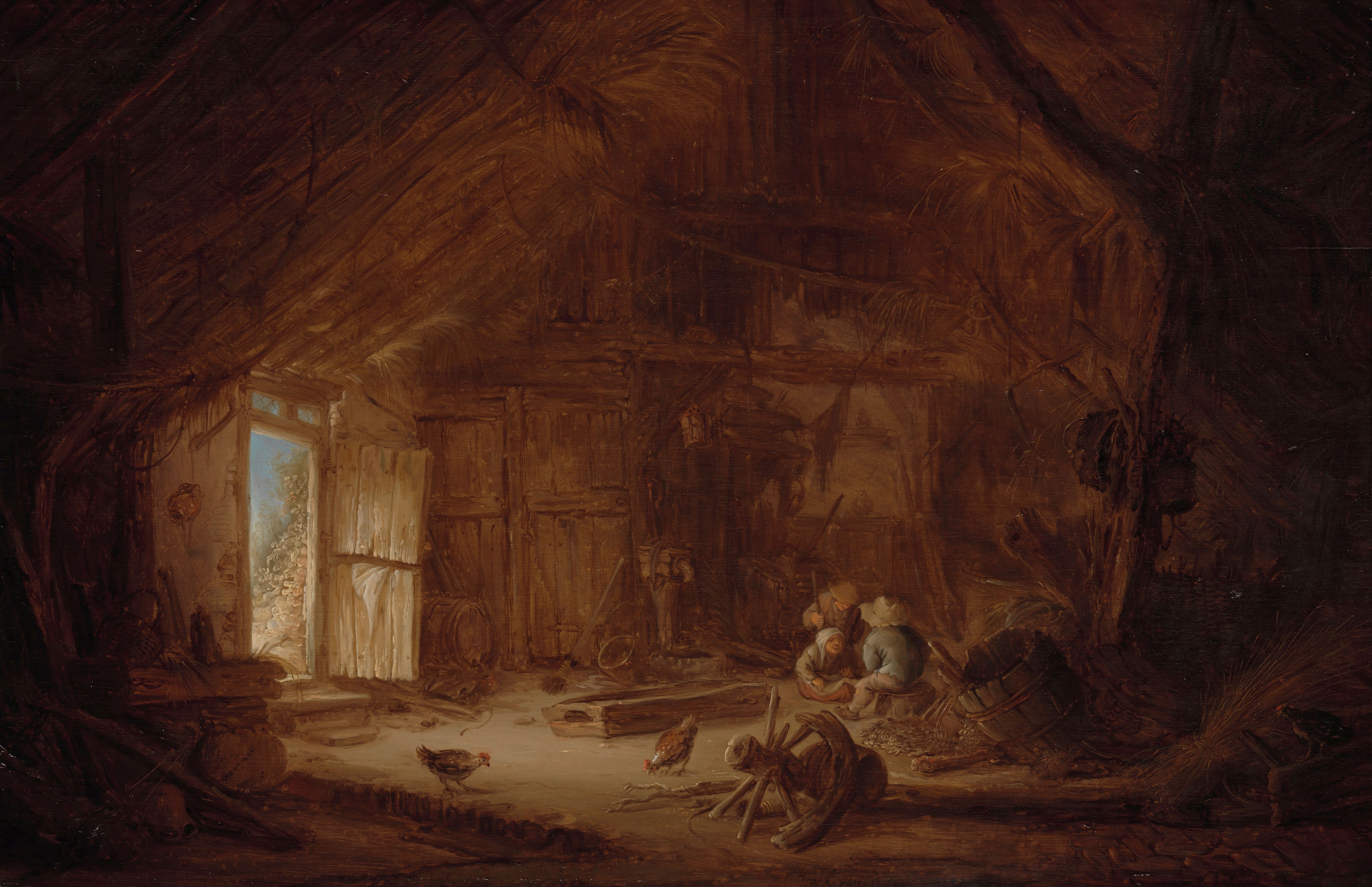 Isaac van Ostade, Interior of a barn with three children