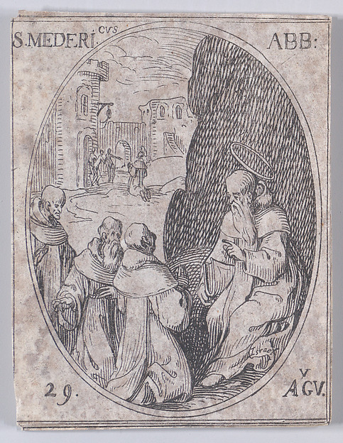 Jacques Callot, S. Médéric, abbé (St. Medericus, Abbot), August 29th, from "Les Images De Tous Les Saincts et Saintes de L'Année" (Images of All of the Saints and Religious Events of the Year)