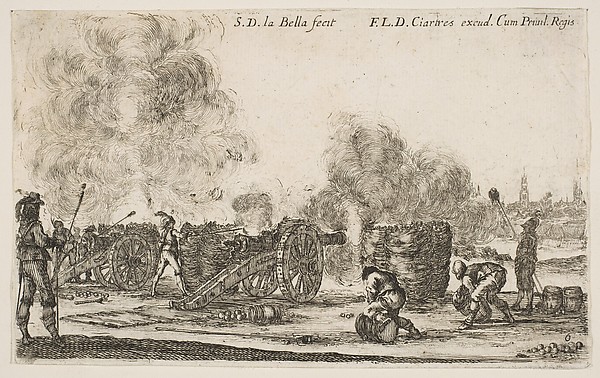 Stefano della Bella, Battery of cannons firing on a city, plate 6 from "Various Military Caprices" (Varii capricci militari)