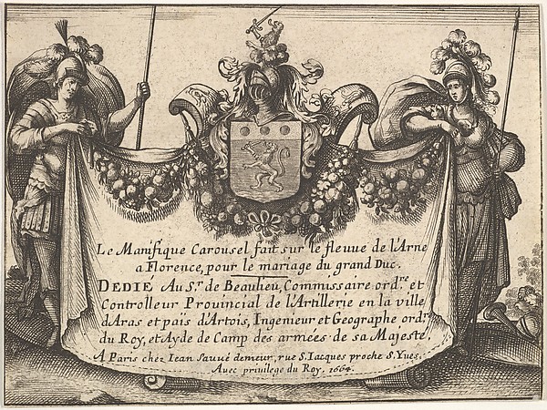 Anonymous, Title page from "The magnificent pageant on the Arno in Florence for the marriage of the Grand Duke" (Le Magnifique carousel fait sur le fleuve de l'Arne a Florence, pour le mariage du Grand Duc)