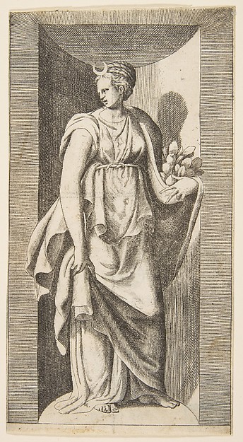 Giulio Bonasone, Diana holding fruit in her left hand standing within a niche
