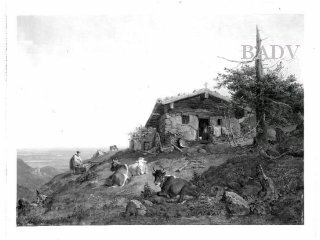 Heinrich Bürkel, Alpine cottage with cows + girl