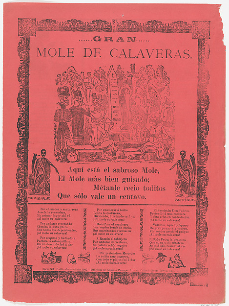 José Guadalupe Posada, The grand skeleton mole, skeletons eating mole and drinking in a cemetery (Posada); flanked by skeletons holding scythes (Manilla)