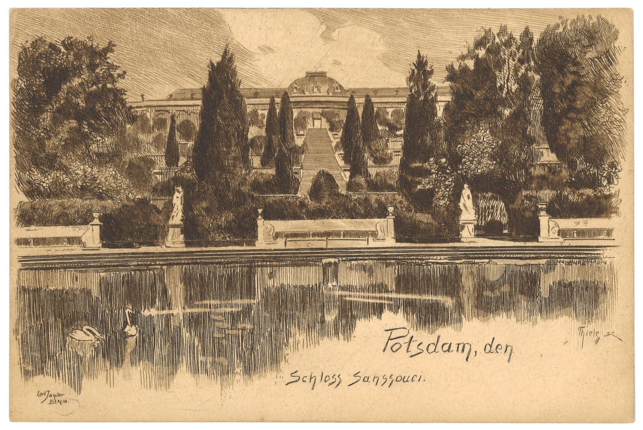 Maler) Hermann Thiele (Radierer, Potsdam-Sanssouci: Schloss Sanssouci mit Terrasen und Hauptbrunnen (Große Fontäne)