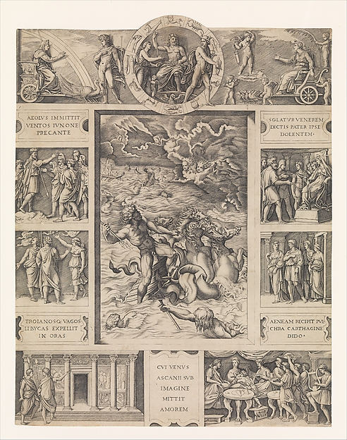 Marcantonio Raimondi, Neptune calming the tempest which Aeolus raised against Aeneas' fleet, from Book I of the Aeneid
