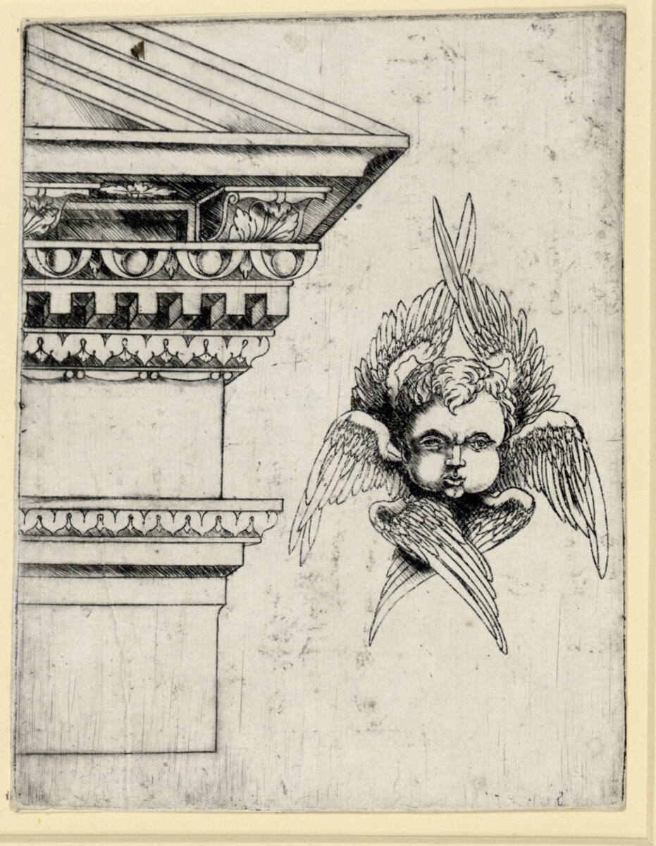 Meistervon1515, Gebälk mit Giebel und Cherubskopf