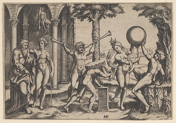 Anonymous, A man with two trumpets in the centre flanked by other figures including an old and a young man at left