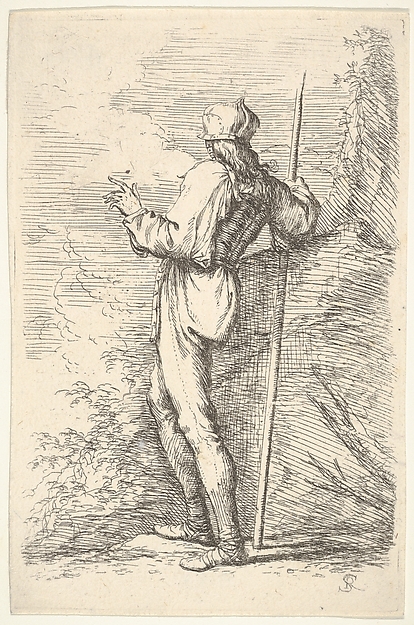 Salvator Rosa, A warrior shown from behind holding a staff and leaning on a rock, from "Figurine"