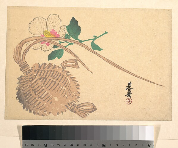 Shibata Zeshin, Straw Basket for Fish (?) and Mokuge Flower