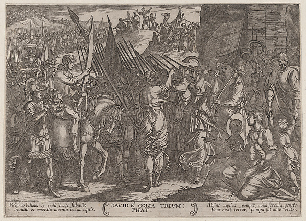Antonio Tempesta, Plate 17: David Returning in Triumph with the Head of Goliath, from "The Battles of the Old Testament"