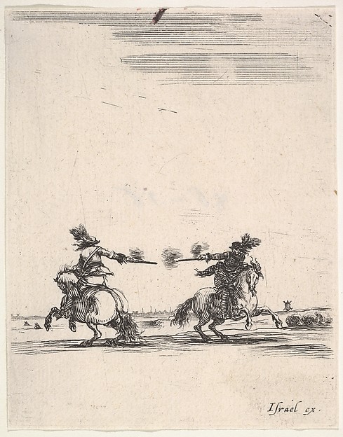 Stefano della Bella, Two horsemen dueling with pistols, one seen from behind riding towards the left, one riding towards right, from "Various cavalry exercises" (Diverses exercices de cavalerie)