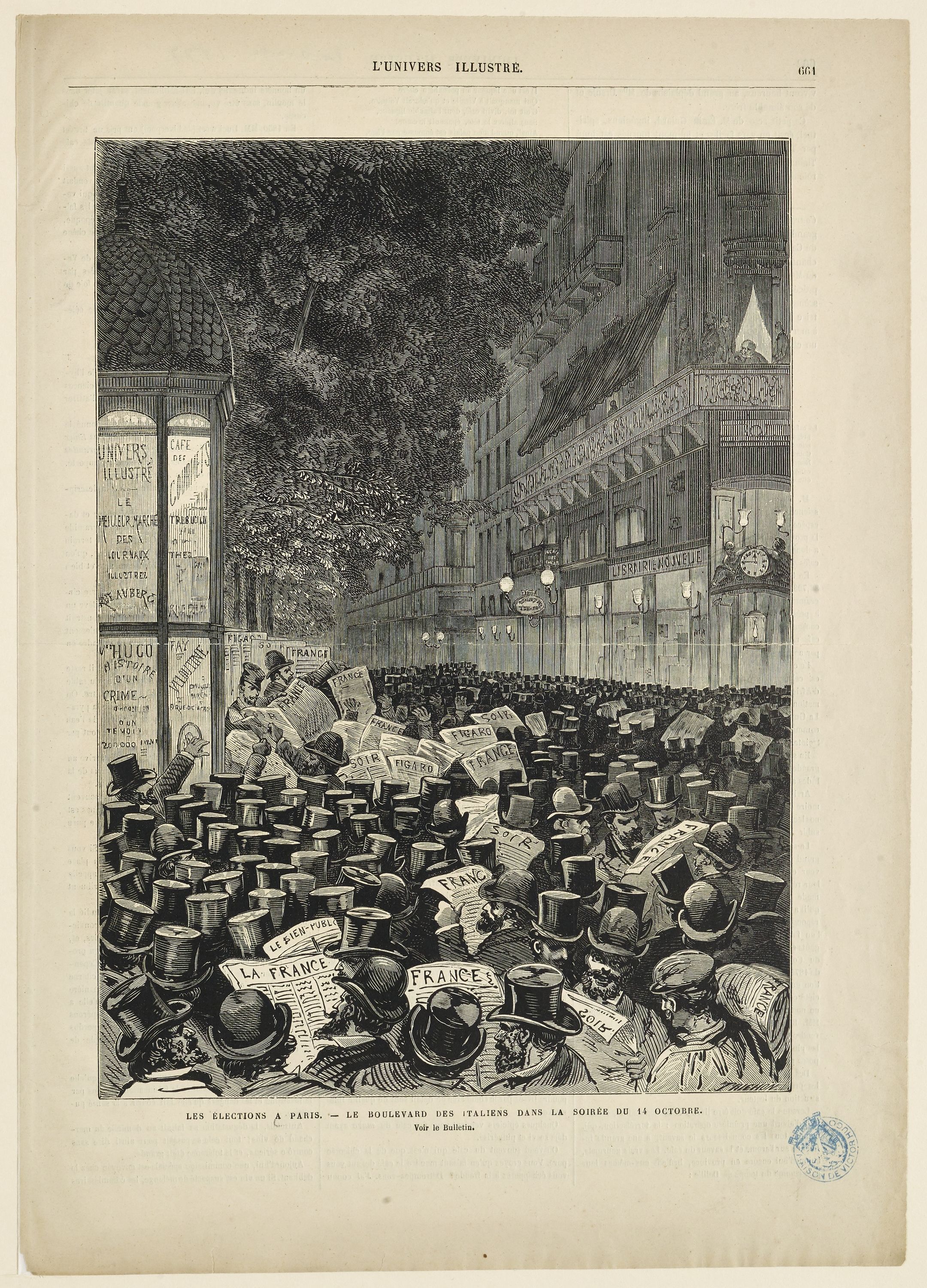 Auguste ou François-Auguste Trichon, Les élections à Paris. - Le Boulevard des Italiens dans la soirée du 14 octobre.