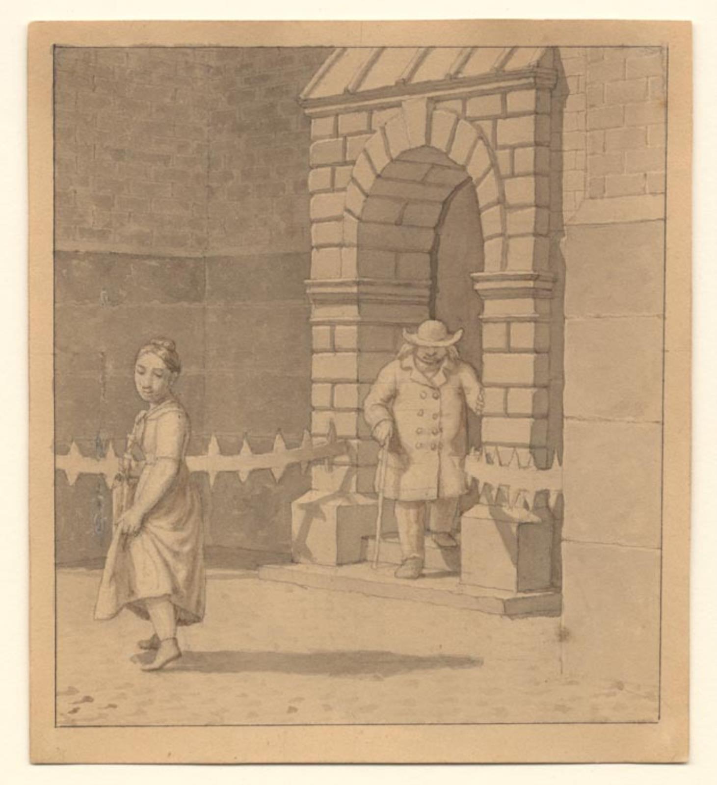 C.W. Eckersberg, Gadebillede med en ung pige der løfter lidt op i kjolen; i baggrunden en ældre mand med en stok