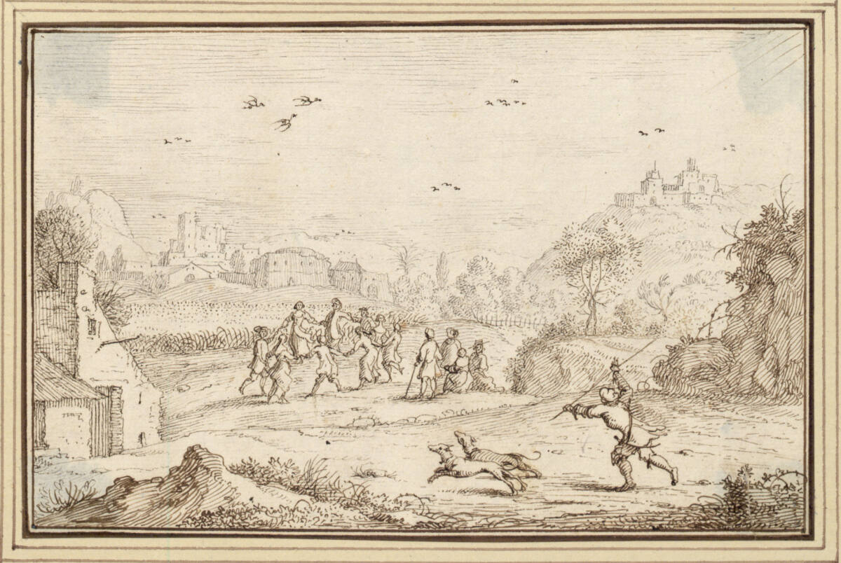 AlbertFlamen, Landschaft mit Reigentanz, im Vordergrund zwei Jagdhunde und ein Treiber (I-14d)