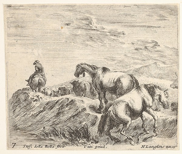 Stefano della Bella, Plate 7: two horses ascending the bank of a river at right, following a procession of horses and one horseman to the left, from "Diversi Capricci"