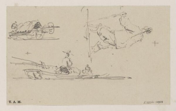 George Chinnery, Three sketches of Chinese figures and boats