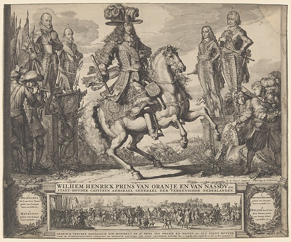 Romeyn de Hooghe, William III as Prince of Orange, with the four preceding Stadthouders, William I, Maurice, Frederick Hendrick, William II