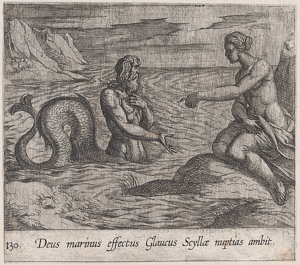 Antonio Tempesta, Plate 130: Scylla and Glaucus (Deus marinus effectus Glaucus Scyllae nuptias ambit), from Ovid's 'Metamorphoses'