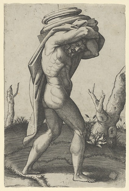 Marcantonio Raimondi, Naked man walking to the right carrying a column base