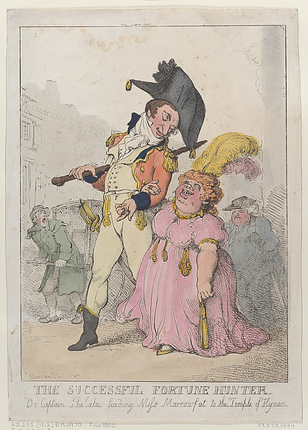 Thomas Rowlandson, The Successful Fortune Hunter, or Captain Shelalee Leading Miss Marrowfat to the Temple of Hymen