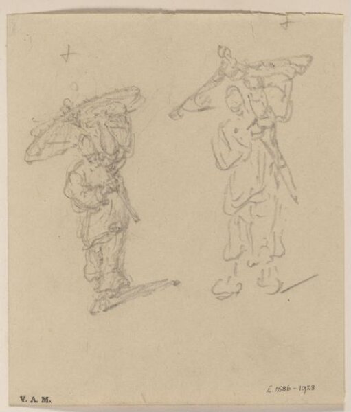 George Chinnery, Two dawings of a Chinese man holding a parasol