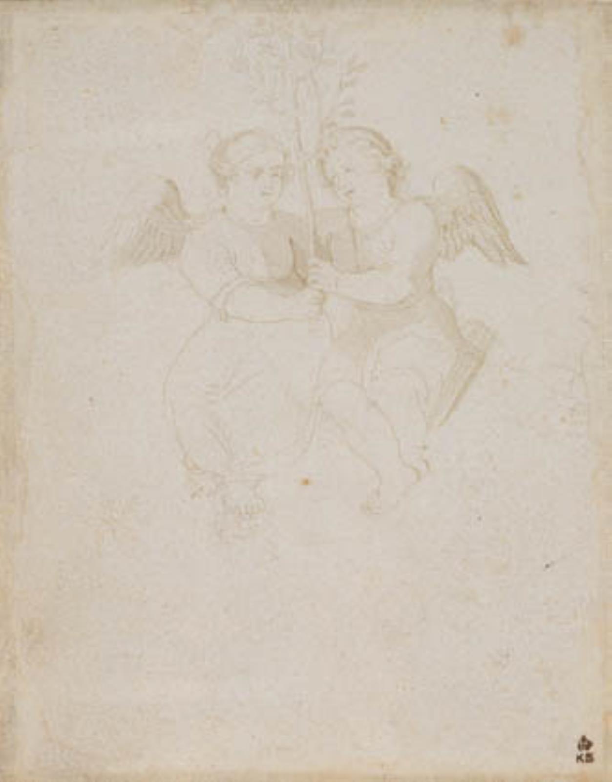 Hans Baldung Grien, To vingede putti, en kvindelig og en mandlig, holder sammen om en løvbærende gren. Den mandlige putto har et pilekogger hængende ved hoften
